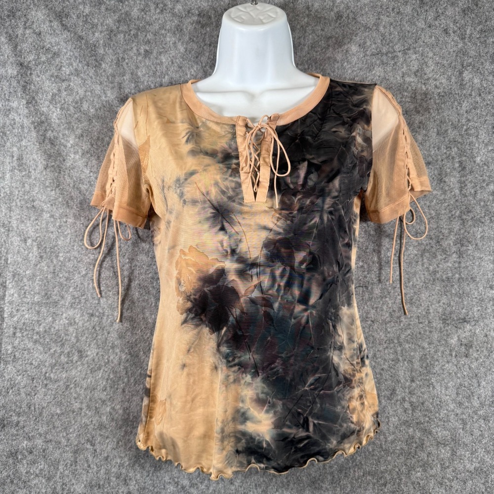 Anac by Kimi Top Mesh Y2K Womens Small Black Mesh Sleeve Lace Up Grunge Goth